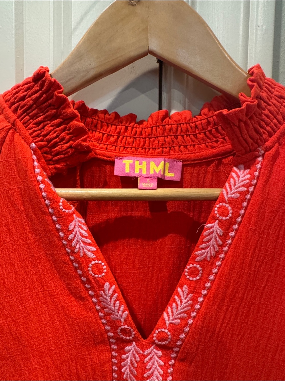 THML Red Embroidered Ruffled-Neck Women's Top - Picture 5 of 5